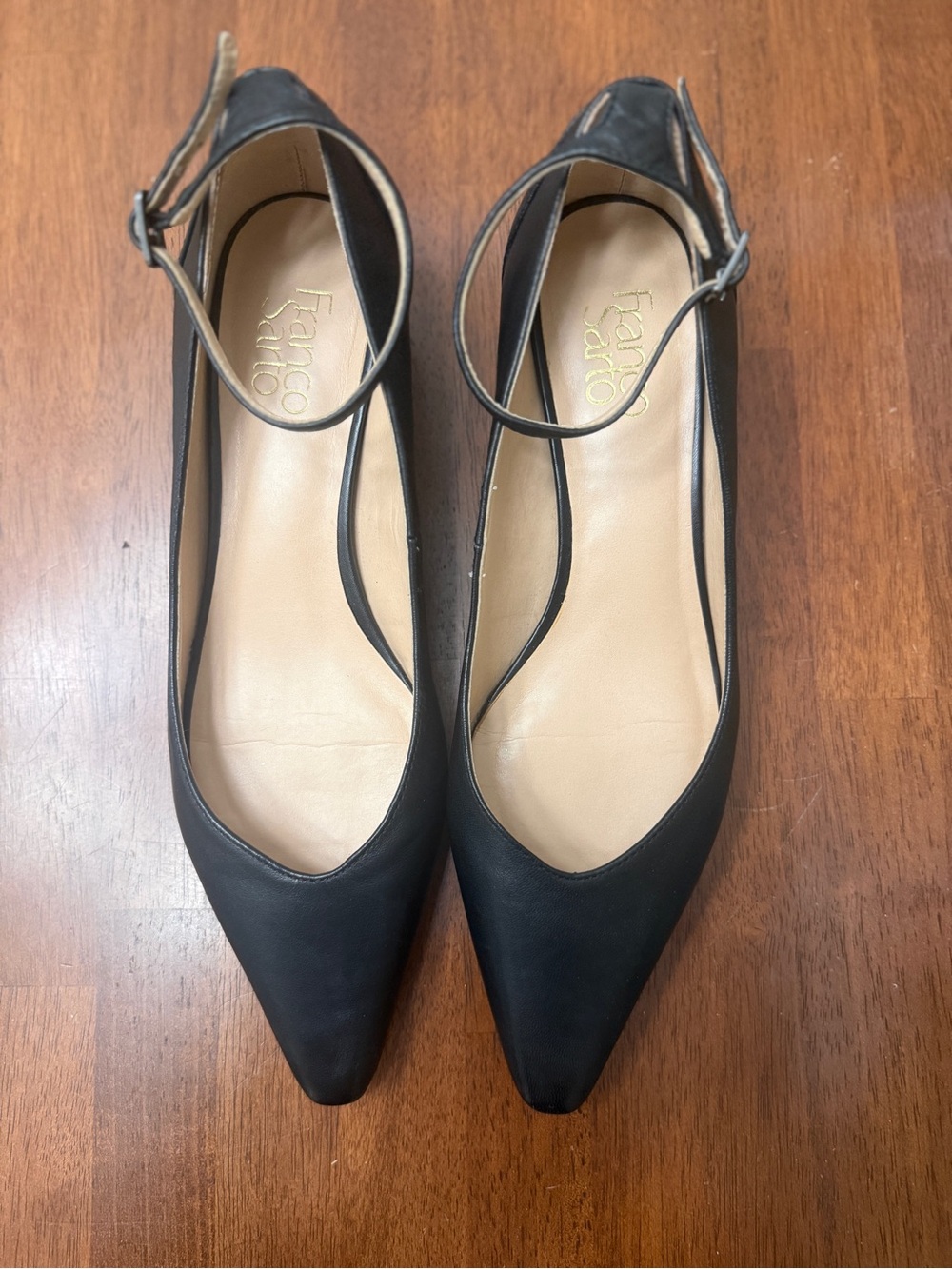Franco Sarto 1 Inch Heel Black Pointed Ankle-Strap